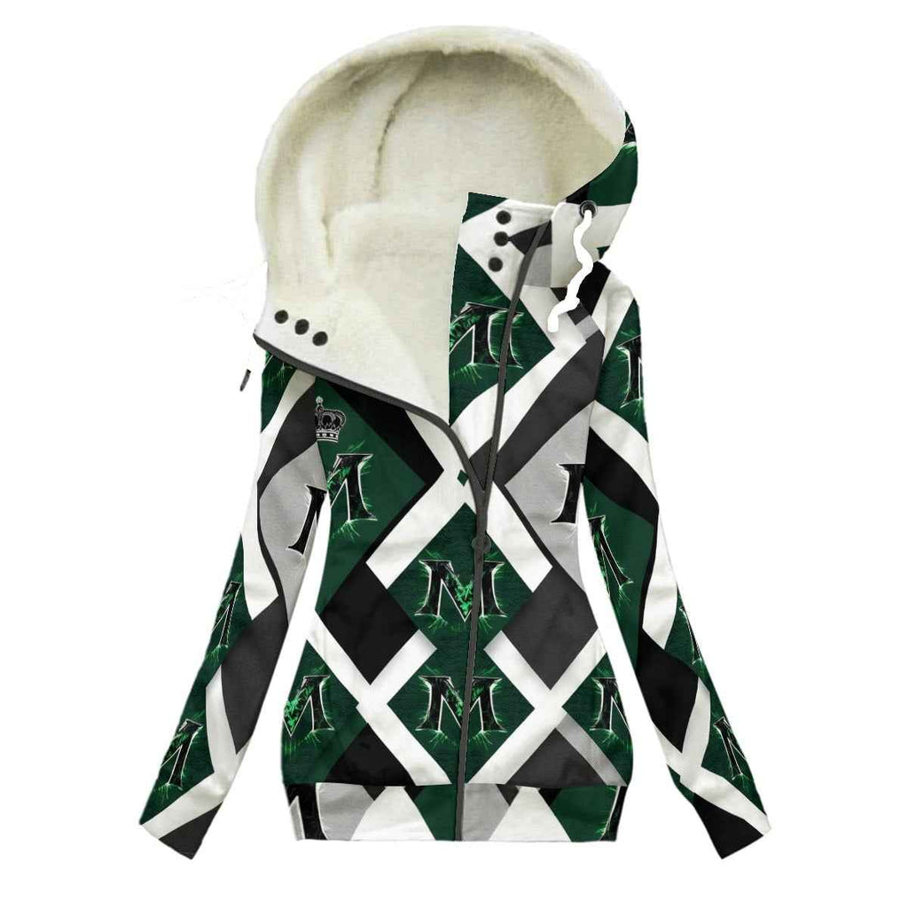 MUNSIEUR All-Over Print Women's Long Jacket With Fleece Lining — Green