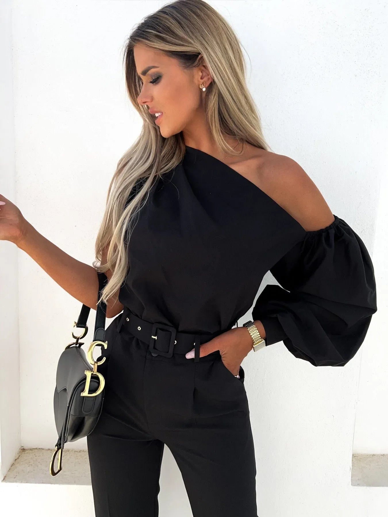 One Shoulder Puff Sleeve Blouse