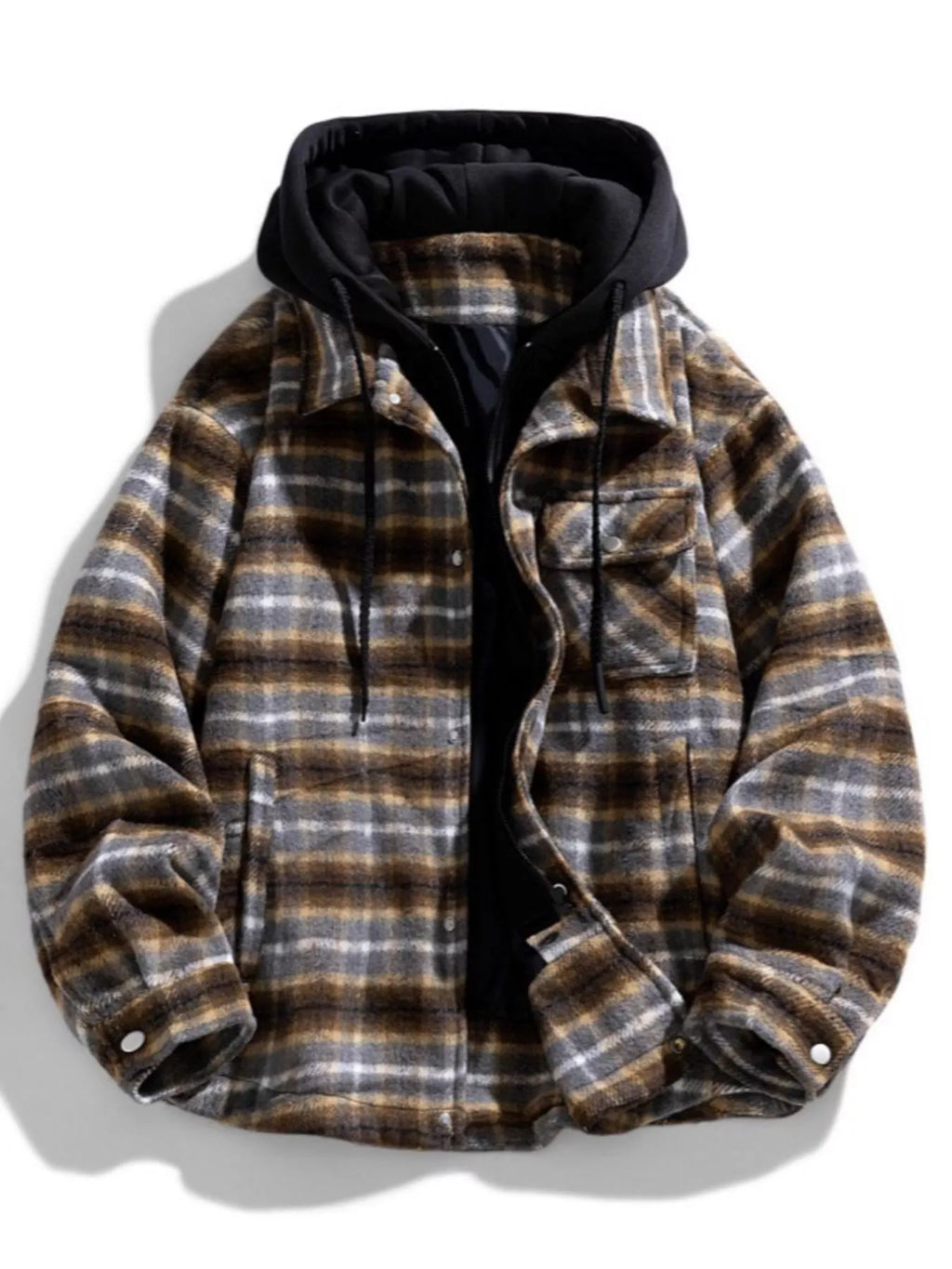 Men's Plus Size Drawstring Hooded Plaid Shirt Jacket
