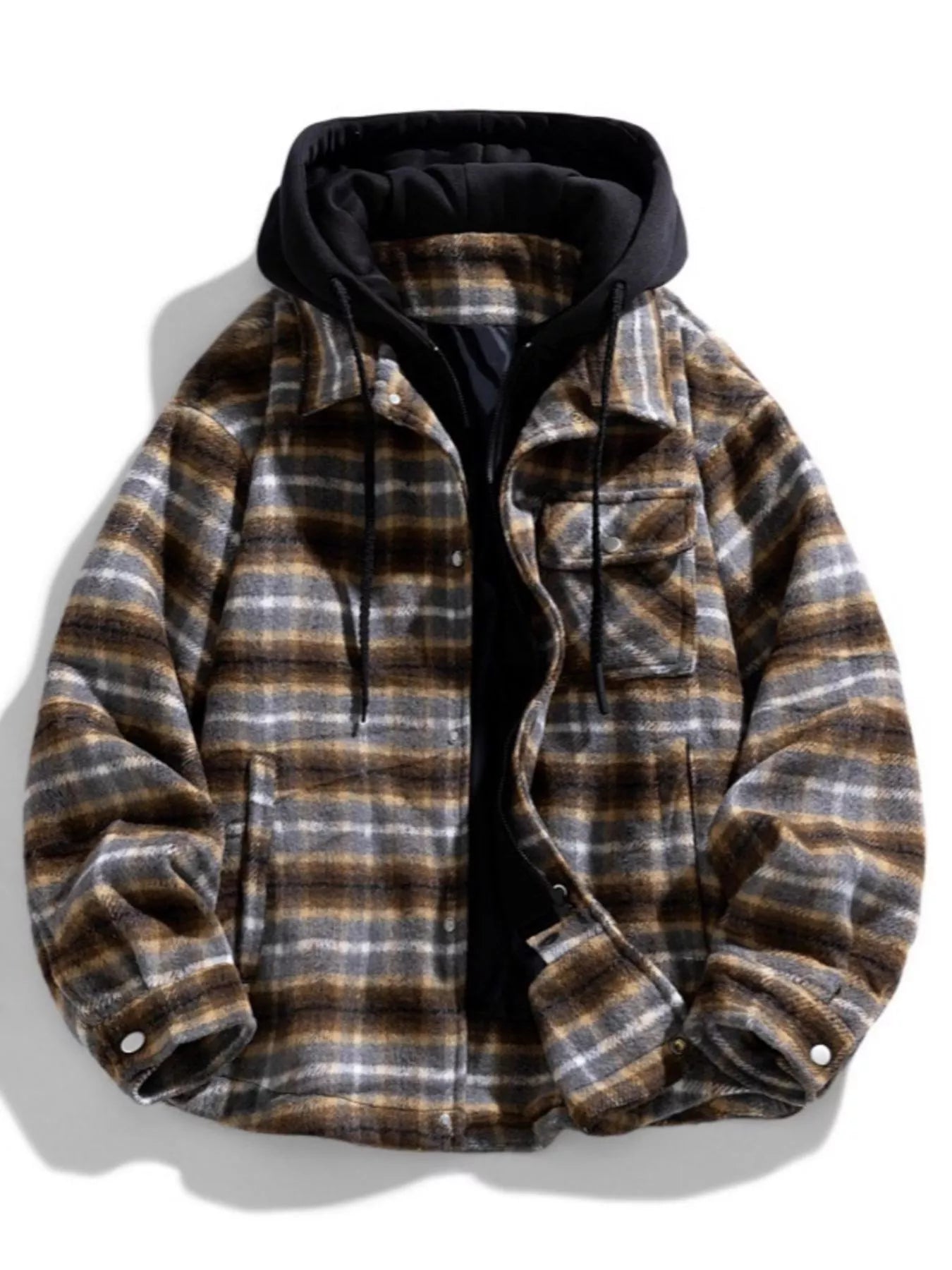 Men's Plus Size Drawstring Hooded Plaid Shirt Jacket