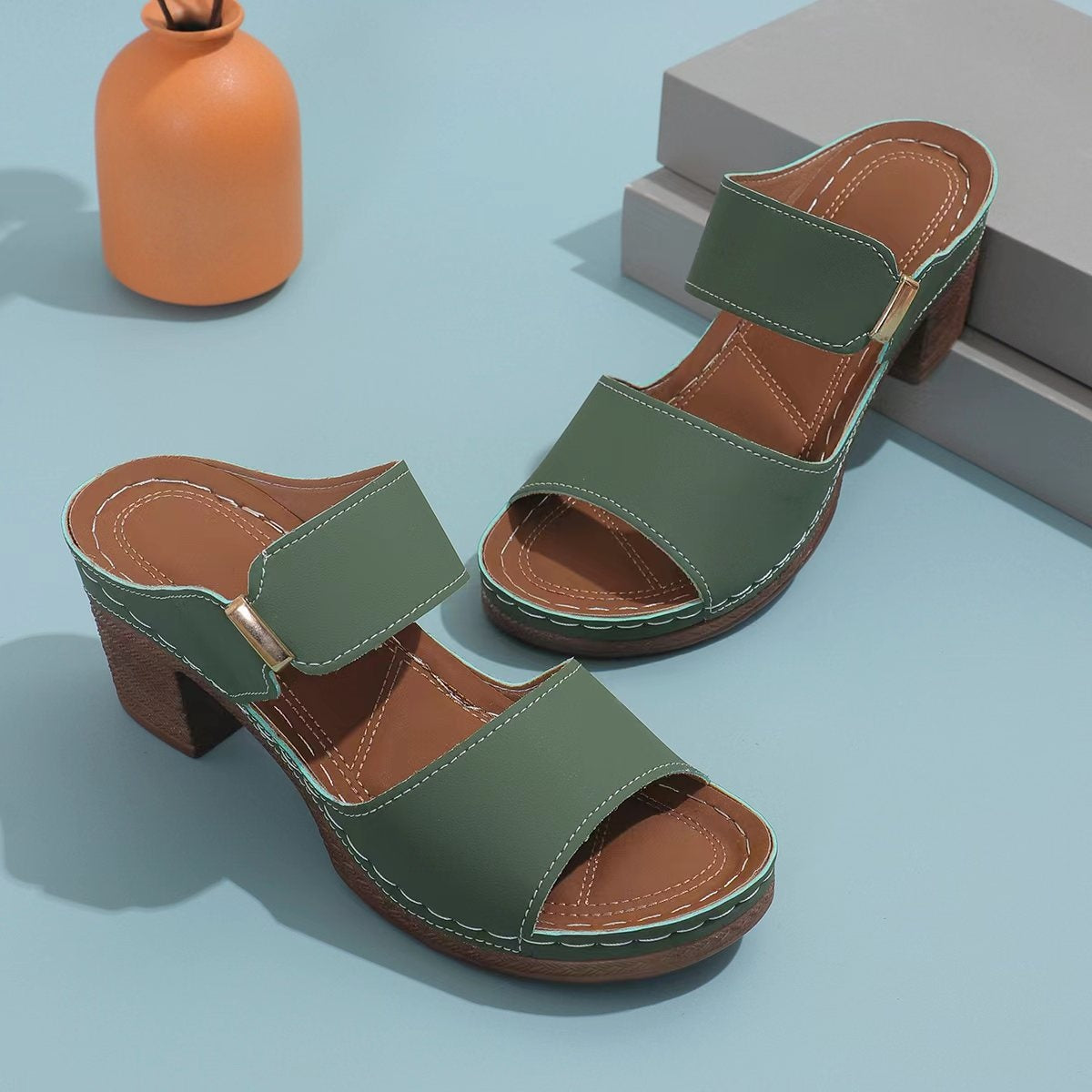 PU Leather Block Sandals