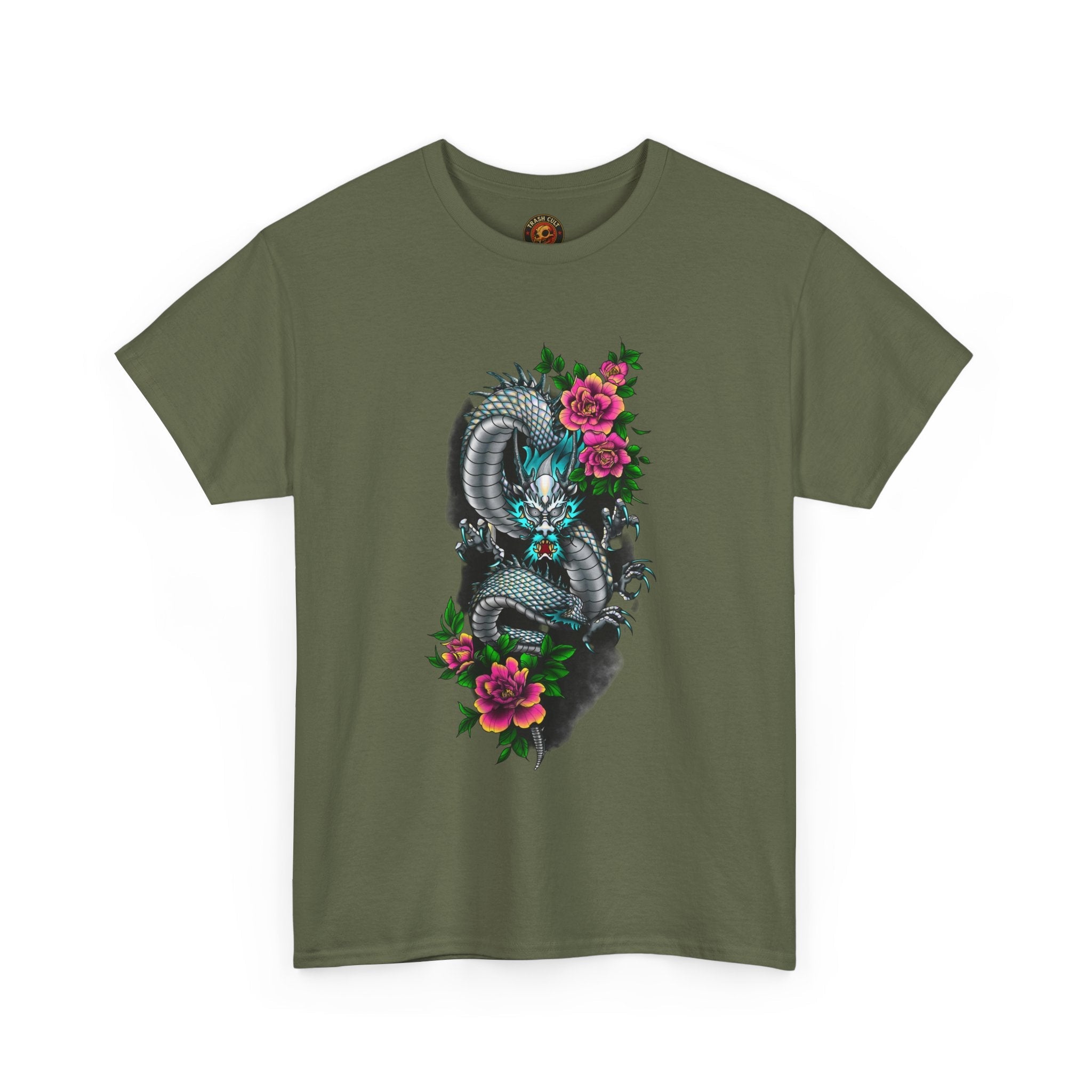 Mythic Dragon & Peonies Tattoo T-Shirt – Lara Davenport x Trash Cult Supply Co. Collab (Gildan 5000)
