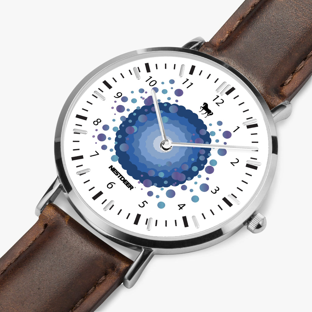 165. NESTDEER Ultra-Thin Leather Strap Quartz Watch (Silver With Indicators)