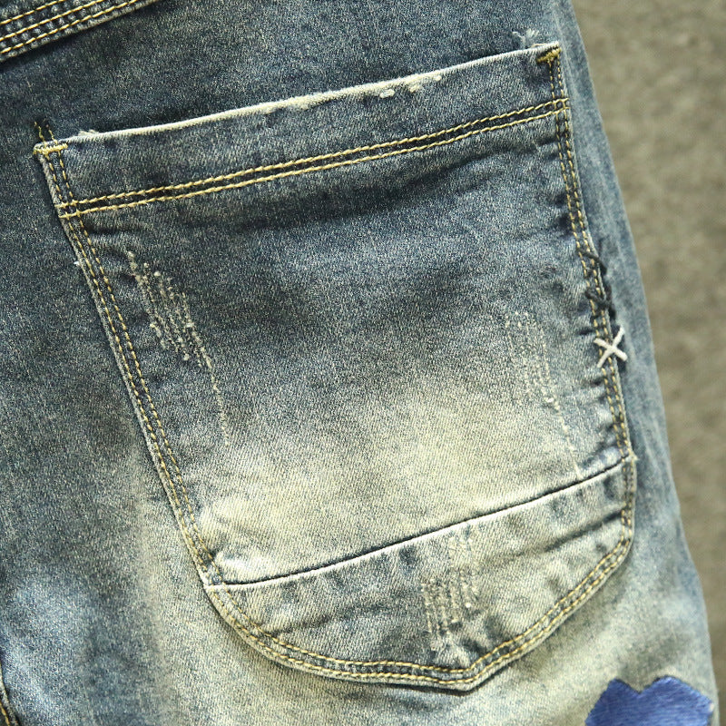 Blue Ripped Pants Men's Tide Brand Patch