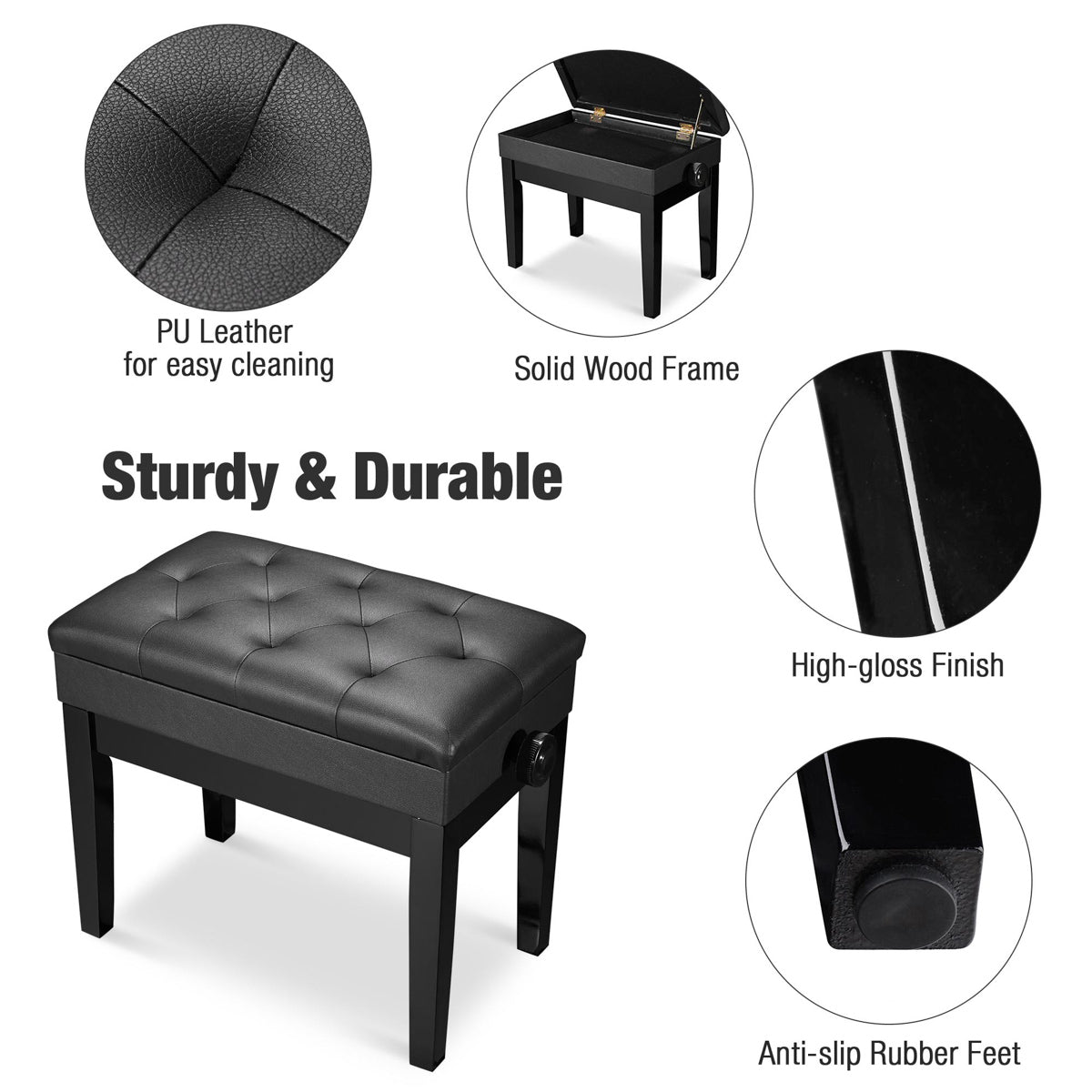 Yescom Piano Bench Leather Seat Adjustable-Height w/ Storage