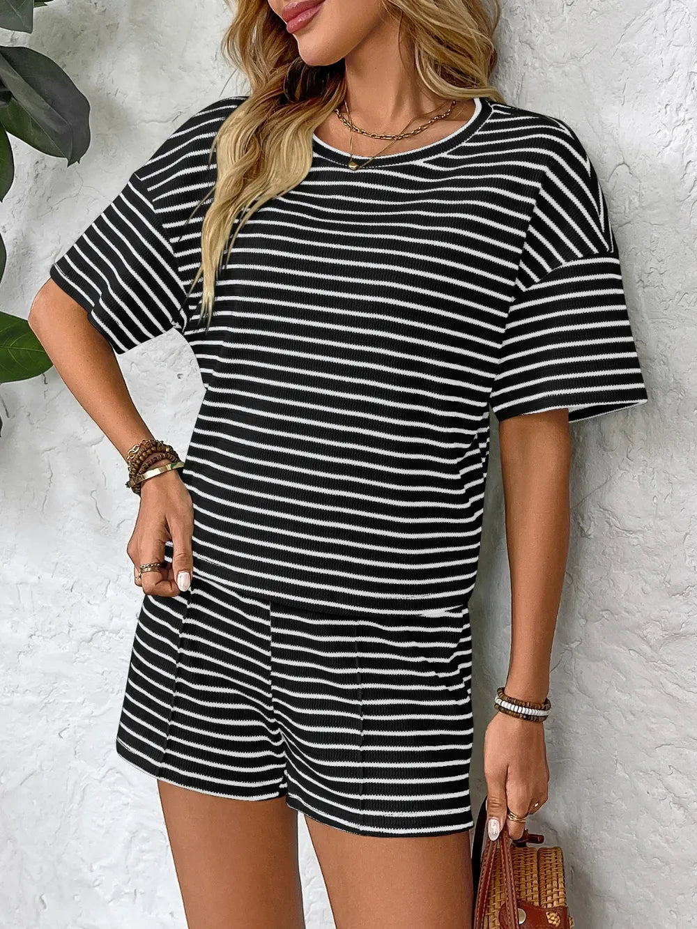 Women's Striped Round Neck Top and Bottoms Set