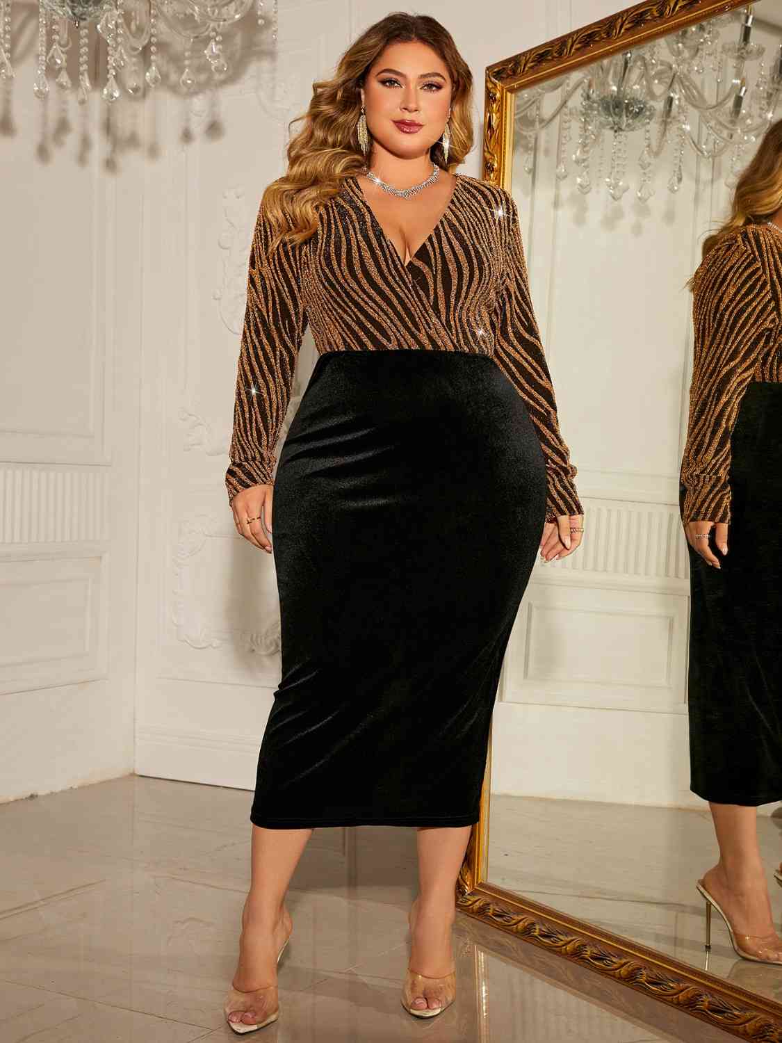 Honey Plus Size Surplice Long Sleeve Slit Dress
