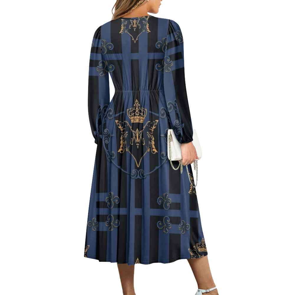 V-Neck Long Sleeve Midi Dress