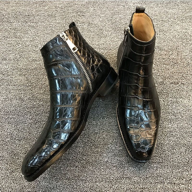 Men PU Leather Striders, Side Zipper, Pattern, Business Casual Style, Classic, Fashion, HL109