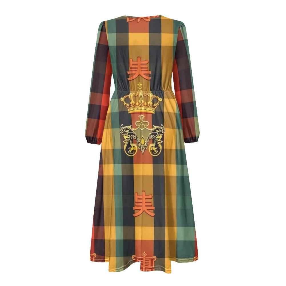 V-Neck Long Sleeve Tie Waist Midi Dress
