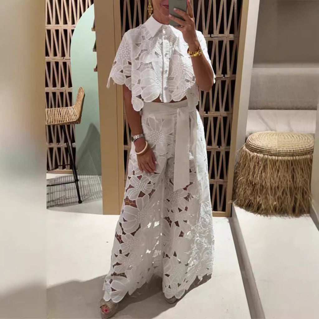 Solid Color Sexy Cutout Cardigan Blouse Wide Leg Two-piece Set