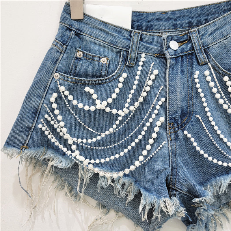 Denim Bottoms Women's Summer High Waist Slimming Rhinestone Drip