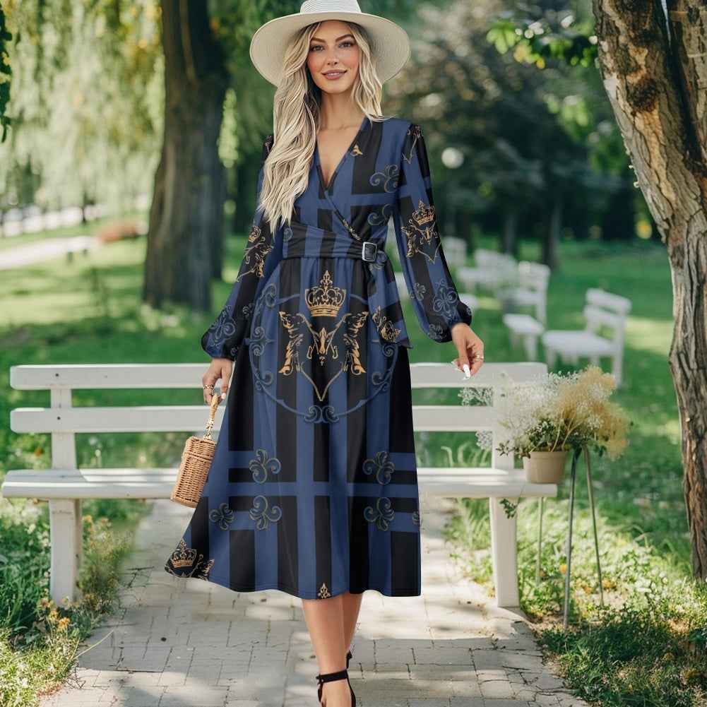 V-Neck Long Sleeve Midi Dress