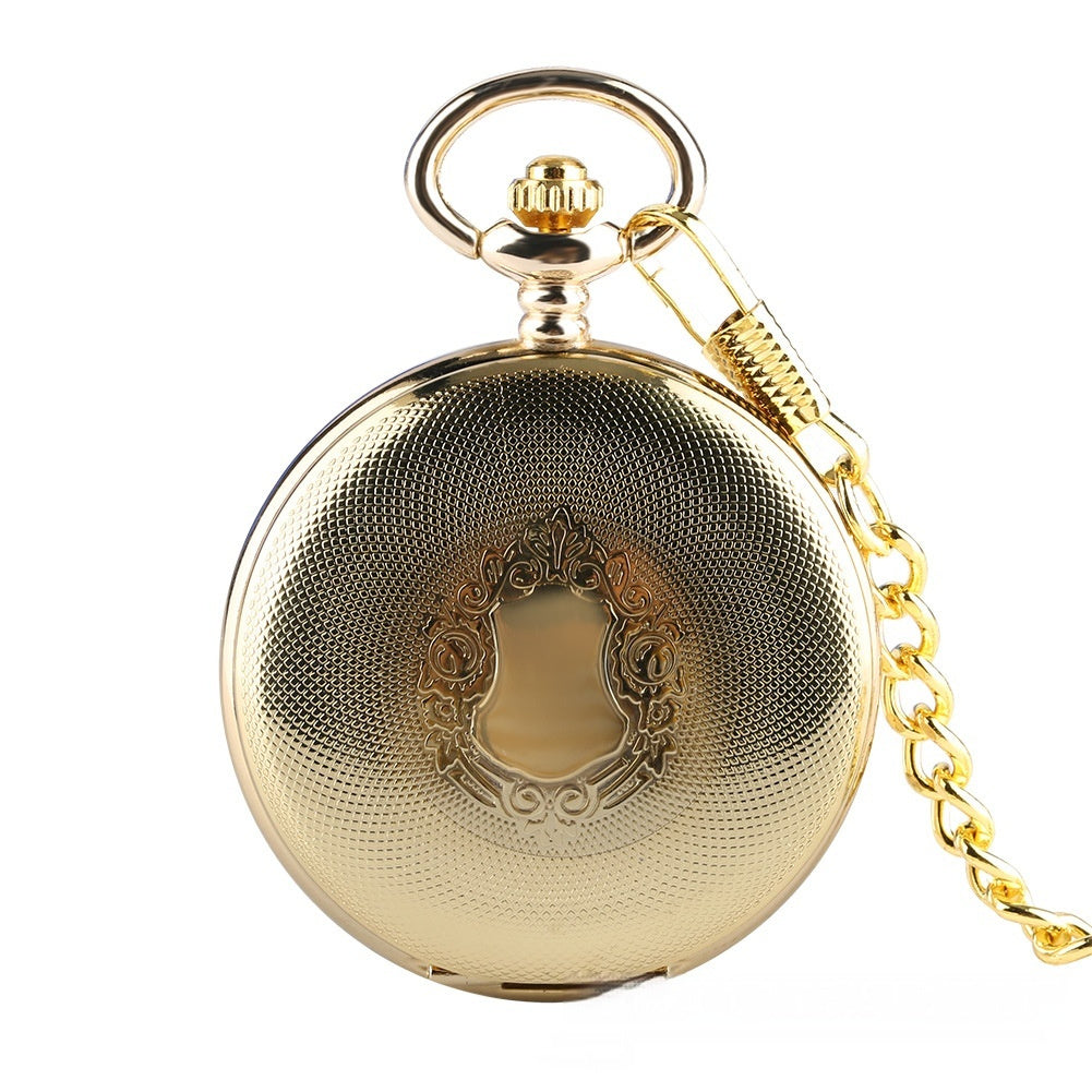 Gold Double-sided Carved Shield Manual Manipulator Pocket Watch