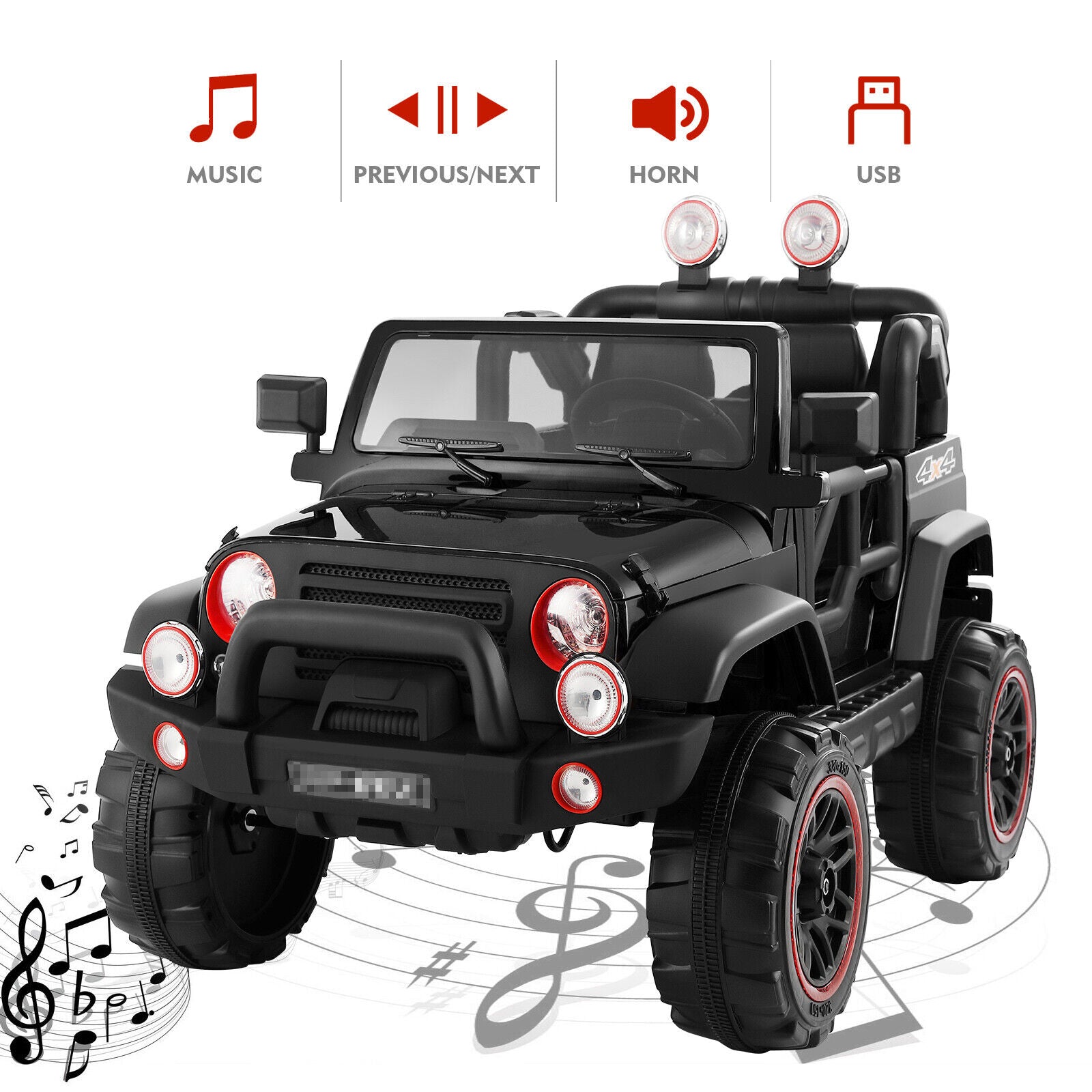 3-Speed Black Ride-On Car for Kids with RC, MP3, LED Lights, USB, and Cover - 12V Battery Powered