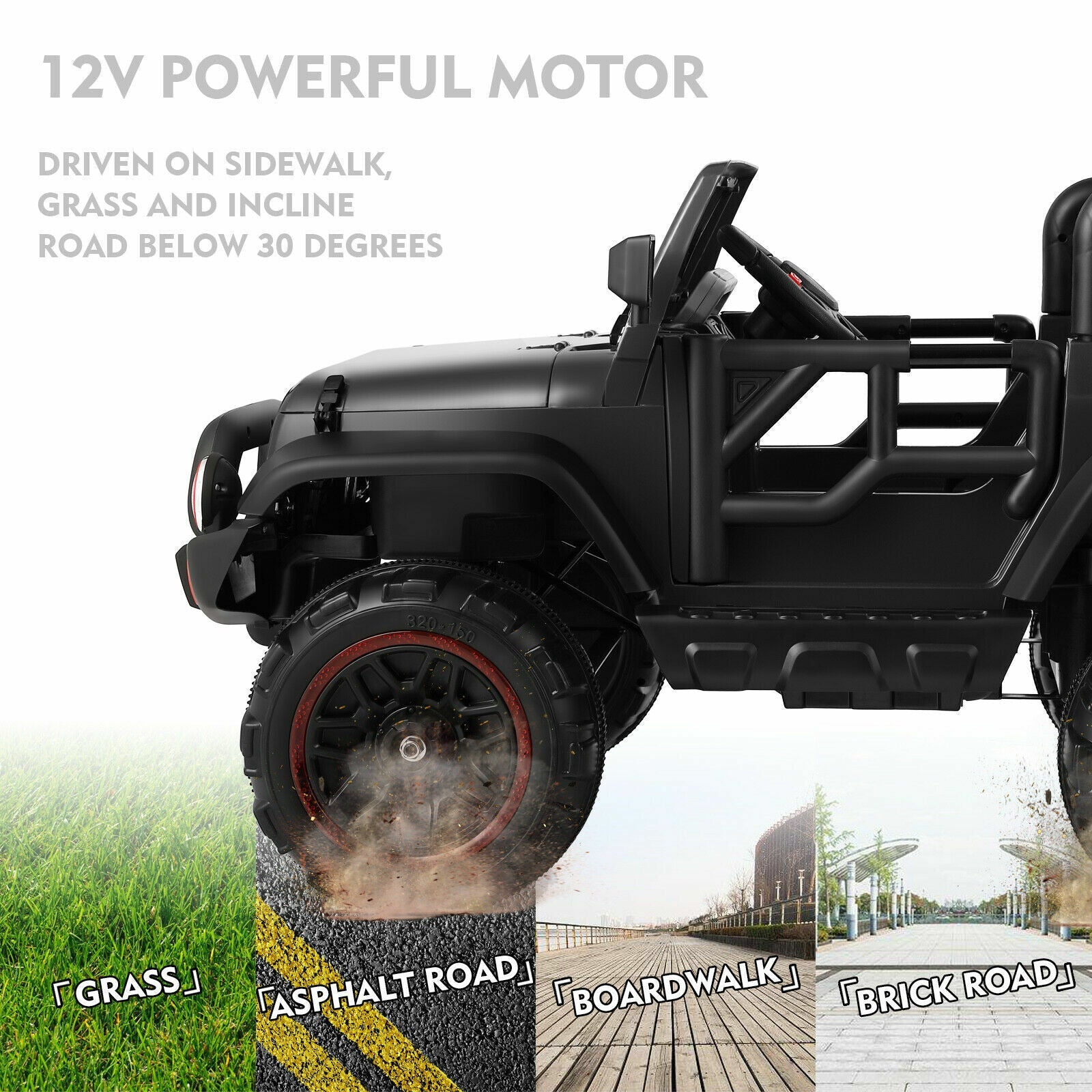 3-Speed Black Ride-On Car for Kids with RC, MP3, LED Lights, USB, and Cover - 12V Battery Powered