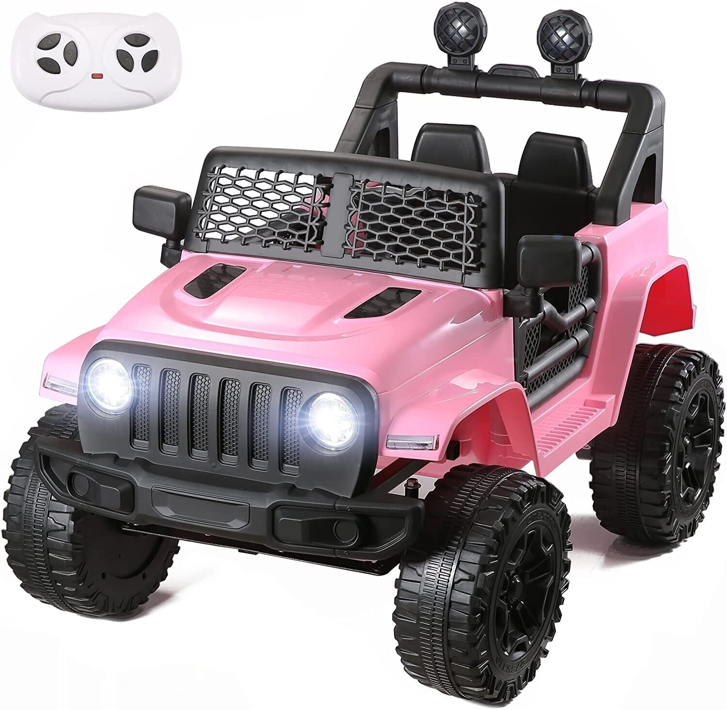 Premium 12V Kids Ride-On Car with Remote Control and LED Lights - Pink Jeep Truck with USB Port