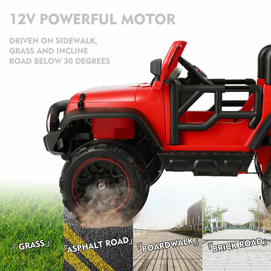 3-Speed Red Ride On Car Truck for Kids with RC, MP3, LED Lights, USB, and Cover - 12V