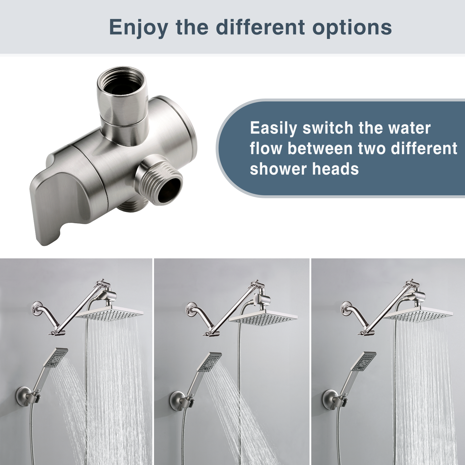 3-Way Shower Head Diverter Valve for Handheld and Fixed Shower Heads
