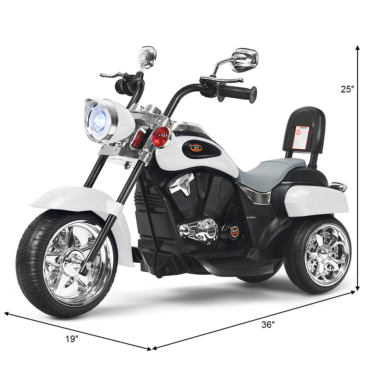 3-Wheel Chopper Motorcycle for Kids with Light & Horn - White