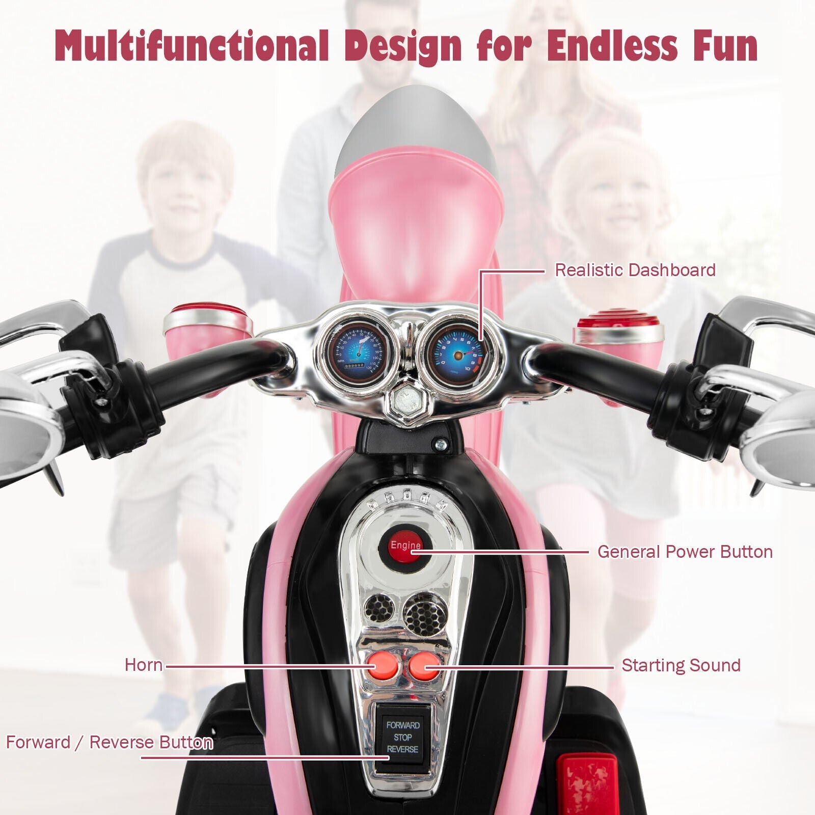 3-Wheel Pink Chopper Motorcycle for Kids with Headlight and Horn