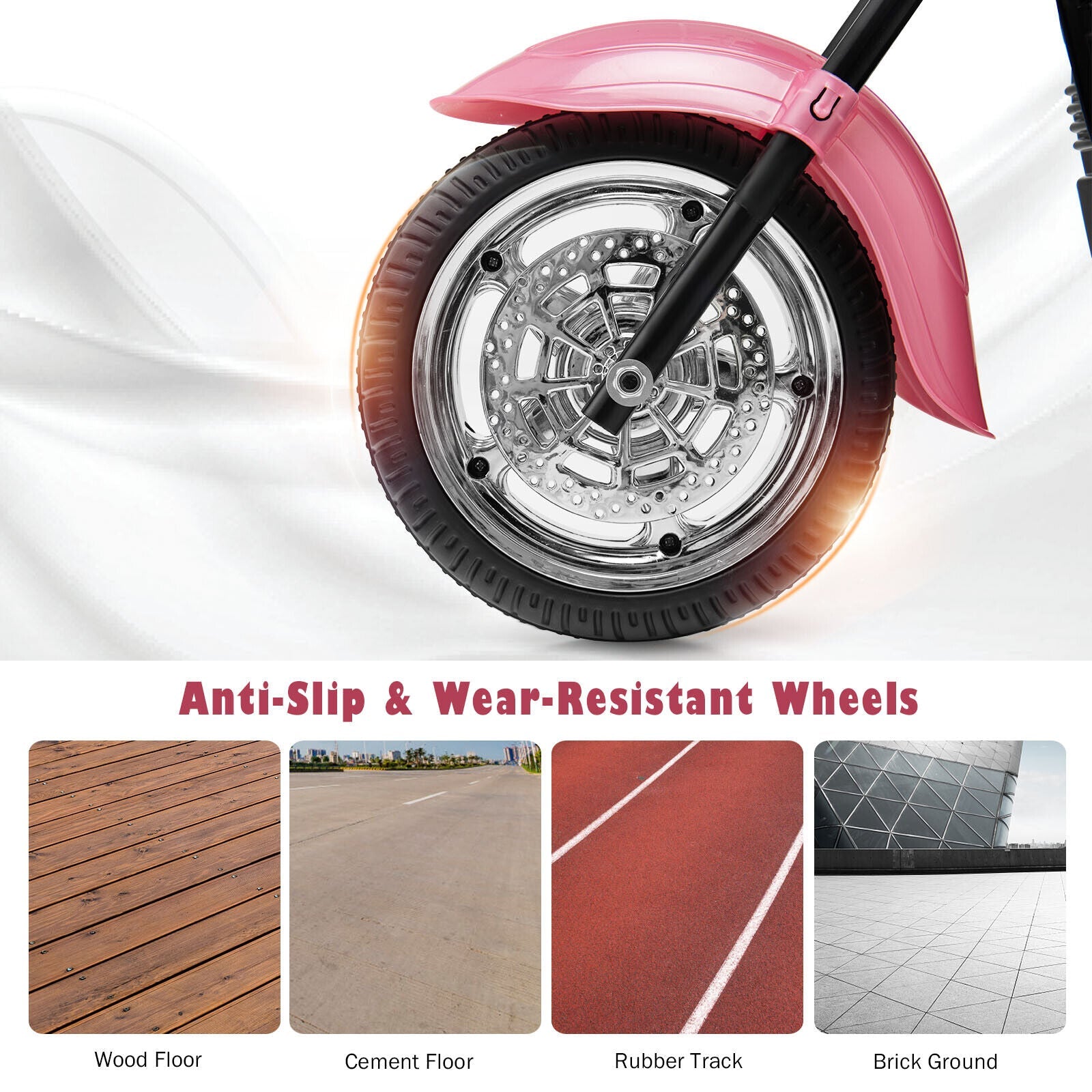 3-Wheel Pink Chopper Motorcycle for Kids with Headlight and Horn