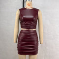 Women's PU Leather Sleeveless Midriff-baring Pleated Skirt Set