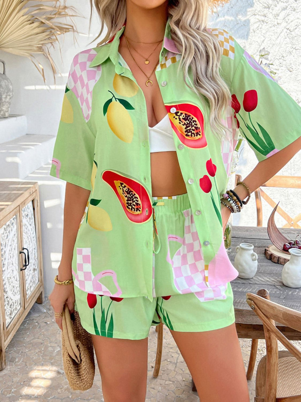 Women's Devine Printed Button-Down Romper Set Bottoms