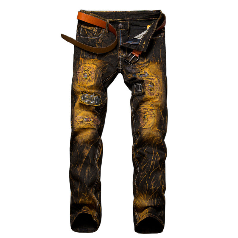 Distressed Slim Fit Straight-leg Denim Men's Broken Patched Hole Pants