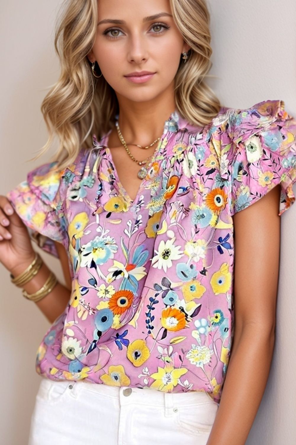 Printed Notched Double Layered Ruffle Sleeve Blouse