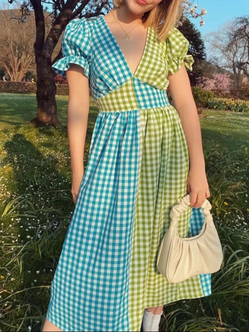 Plaid V-Neck Puff Sleeve Dress