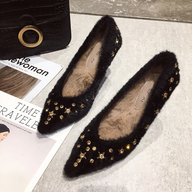 Branded Fuzzy Pumps High Heels Pointed Comfortable