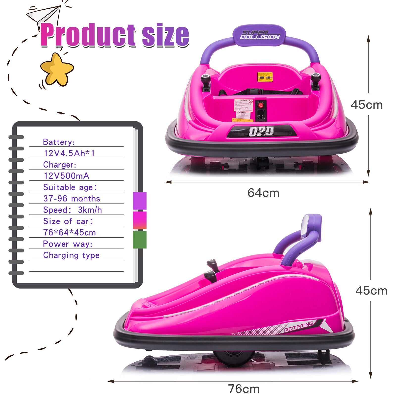 360° Rotating Kids Electric Bumper Car with Remote Control and LED Lights - 12V Ride On Vehicle