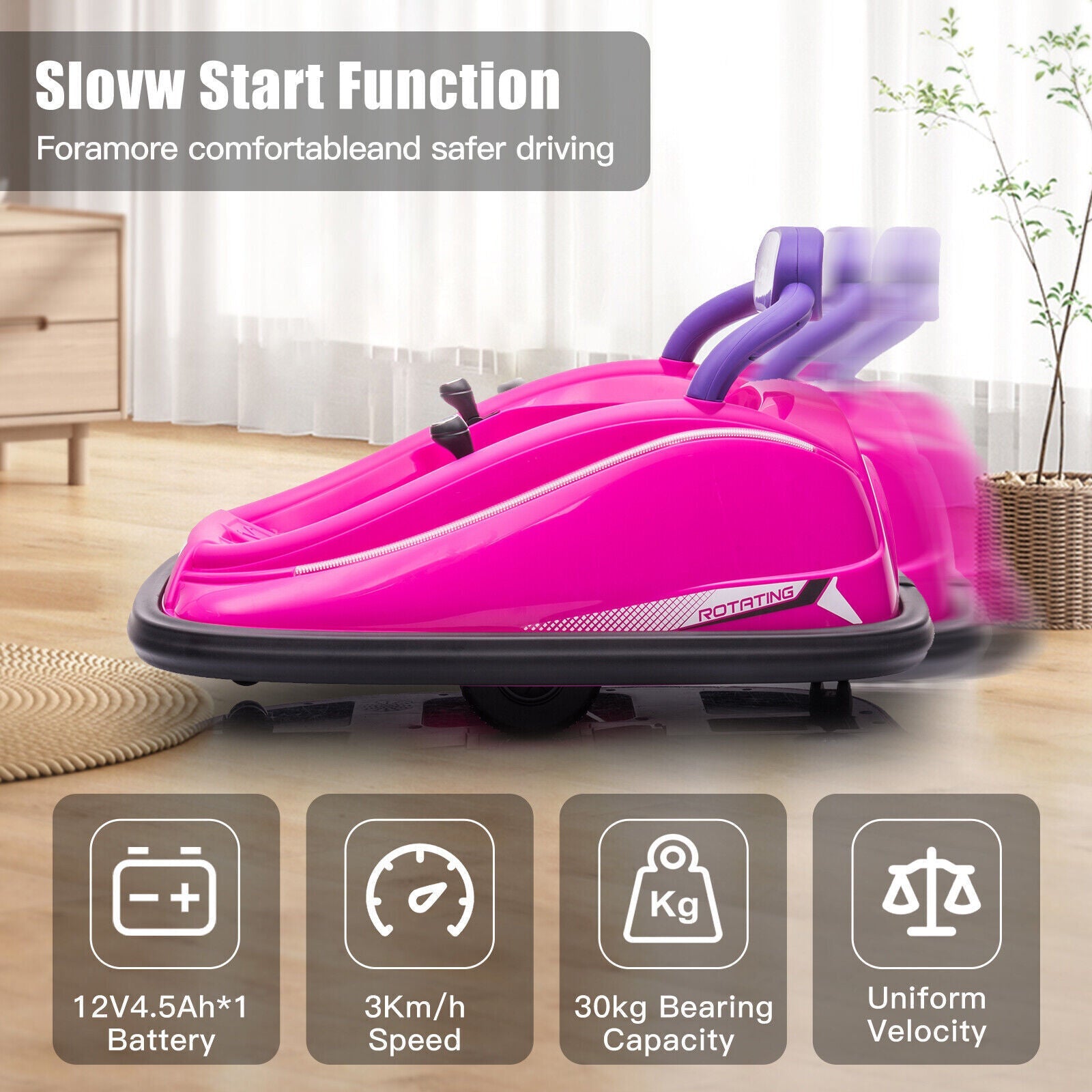 360° Rotating LED Bumper Car for Kids with Twin Motors and Parental Remote Control - 12V