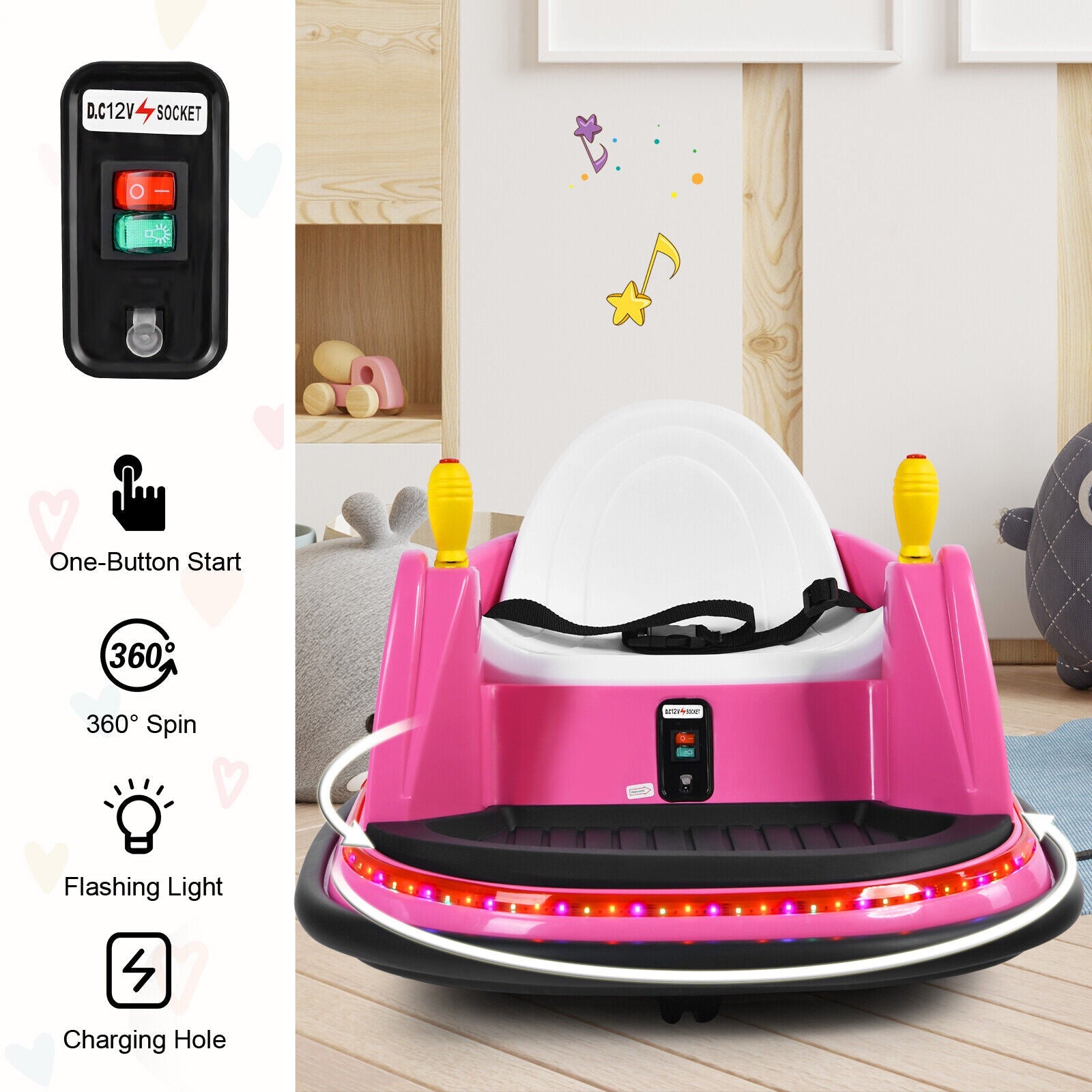 360° Spin Race Bumper Car for Kids with Remote Control - Pink 12V Vehicle