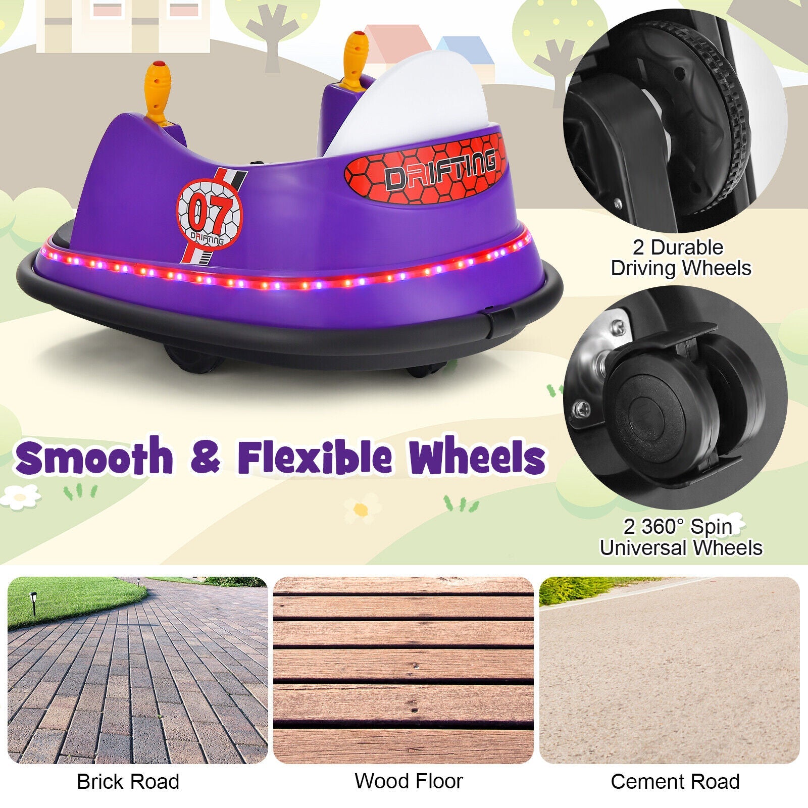 360° Spin Race Bumper Car for Kids with Remote Control - Purple 12V Vehicle