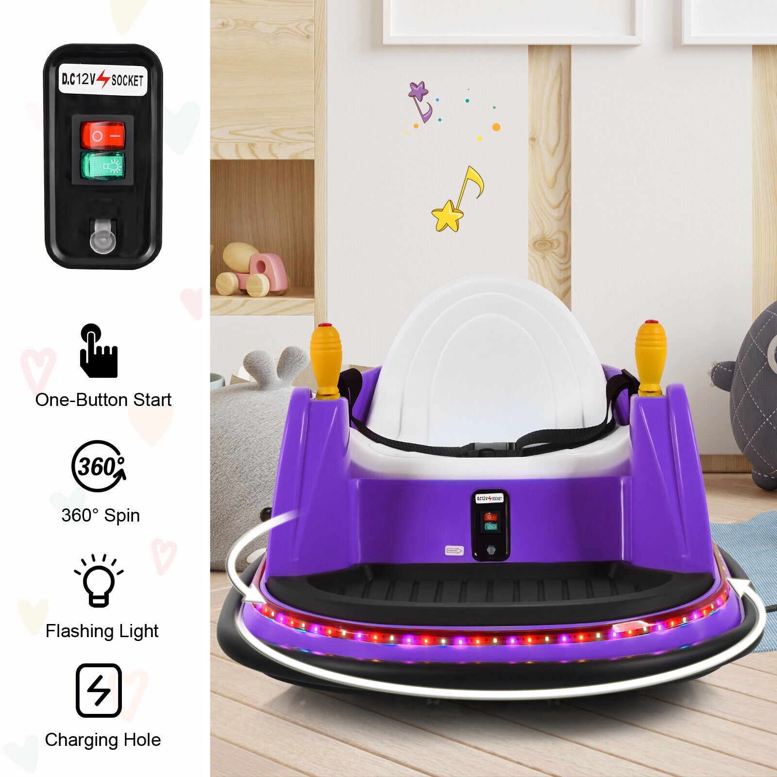 360° Spin Race Bumper Car Toy with Remote Control - 12V Purple Vehicle for Kids