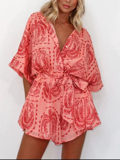 MUNSIEUR Printed Tie-Waist Romper - Luxury Half Sleeve Jumpsuit for Women