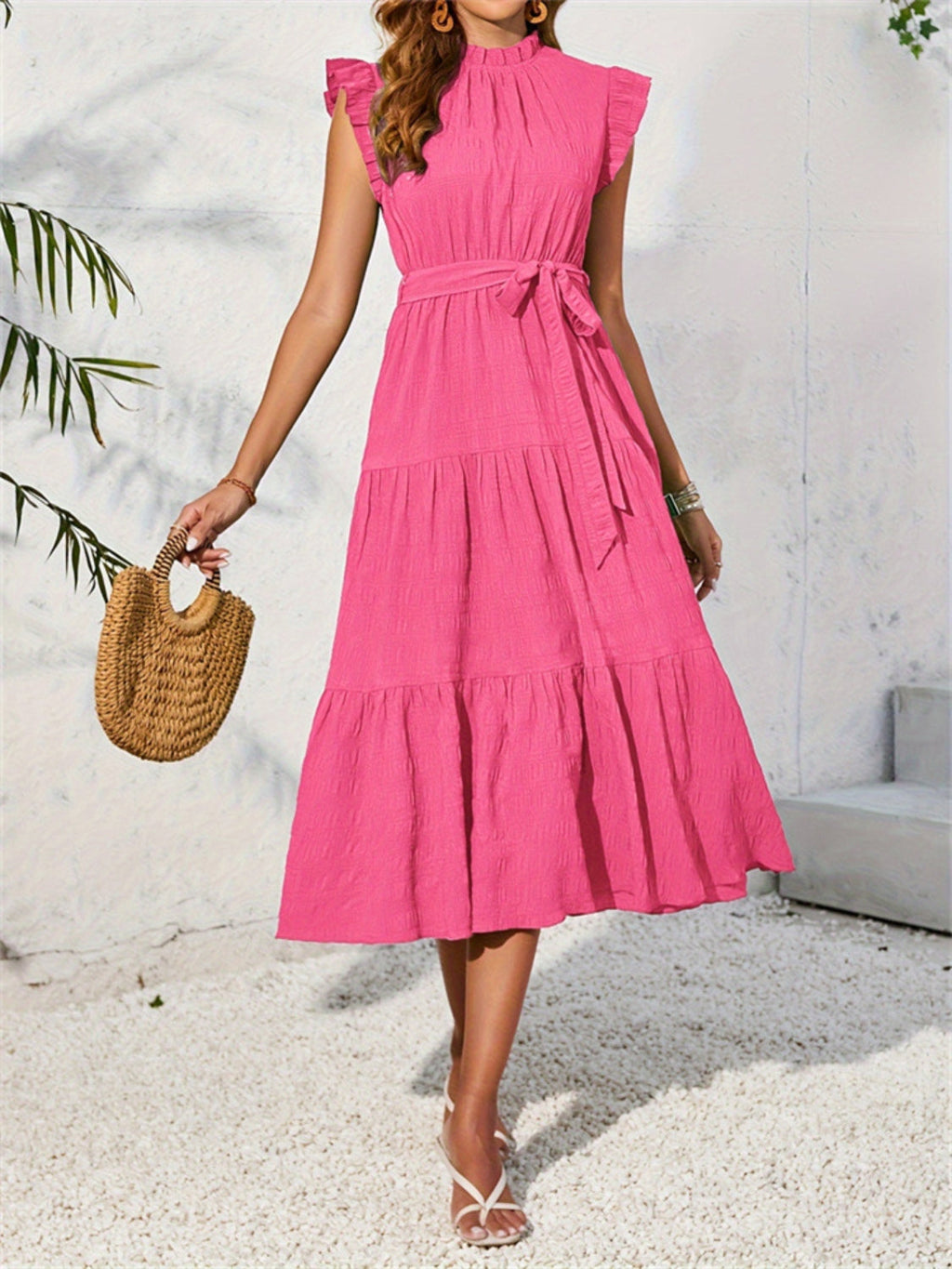 Women's Mock Ruffled Sleeve Midi Dress