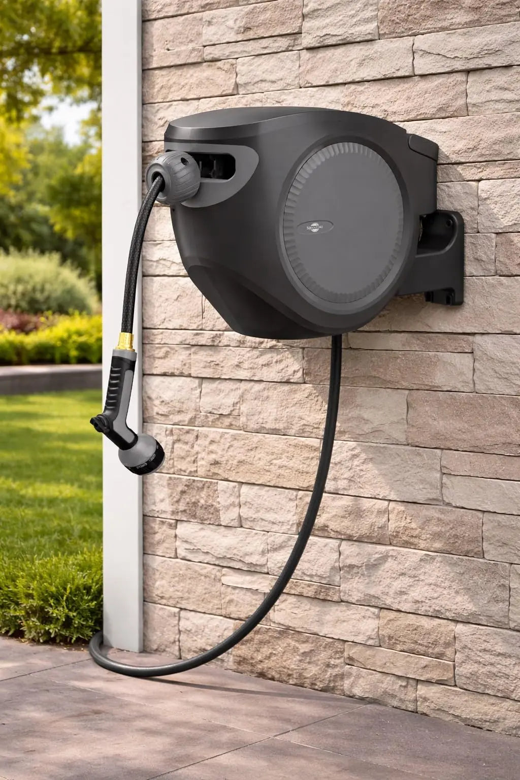 Sunneday Retractable Hose Reel | 75 ft 1/2" | Auto Rewind | 180° Swivel Wall Mount | Multi-Pattern Nozzle | Black/Gray