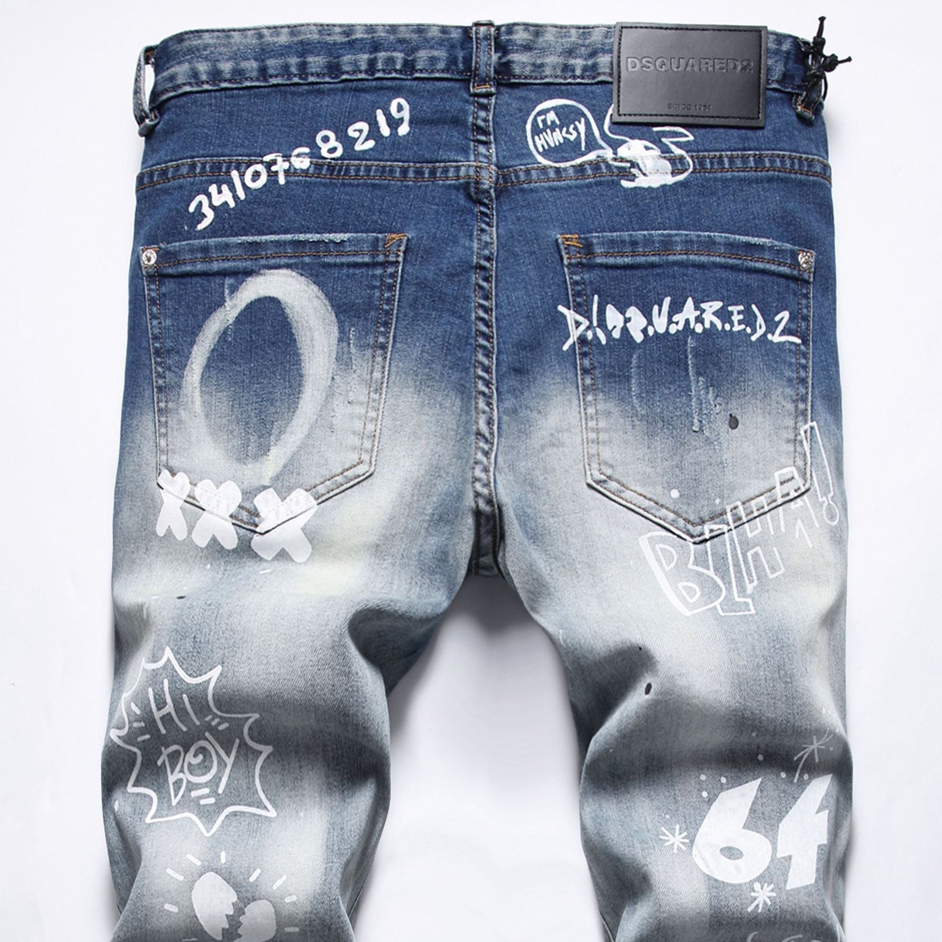 Men's Patchwork Random Line Embroidery Hole Patched Straight-leg Pants