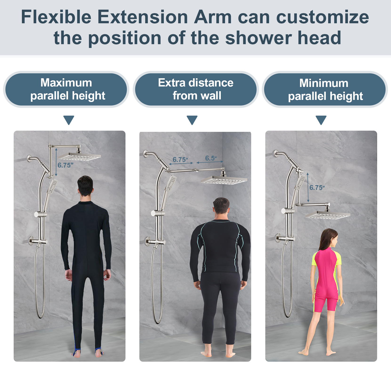 Rainfall Shower Head with Handheld Set-Solid Brass Slide Bar,Holder, Extension Arm and 60" Hose