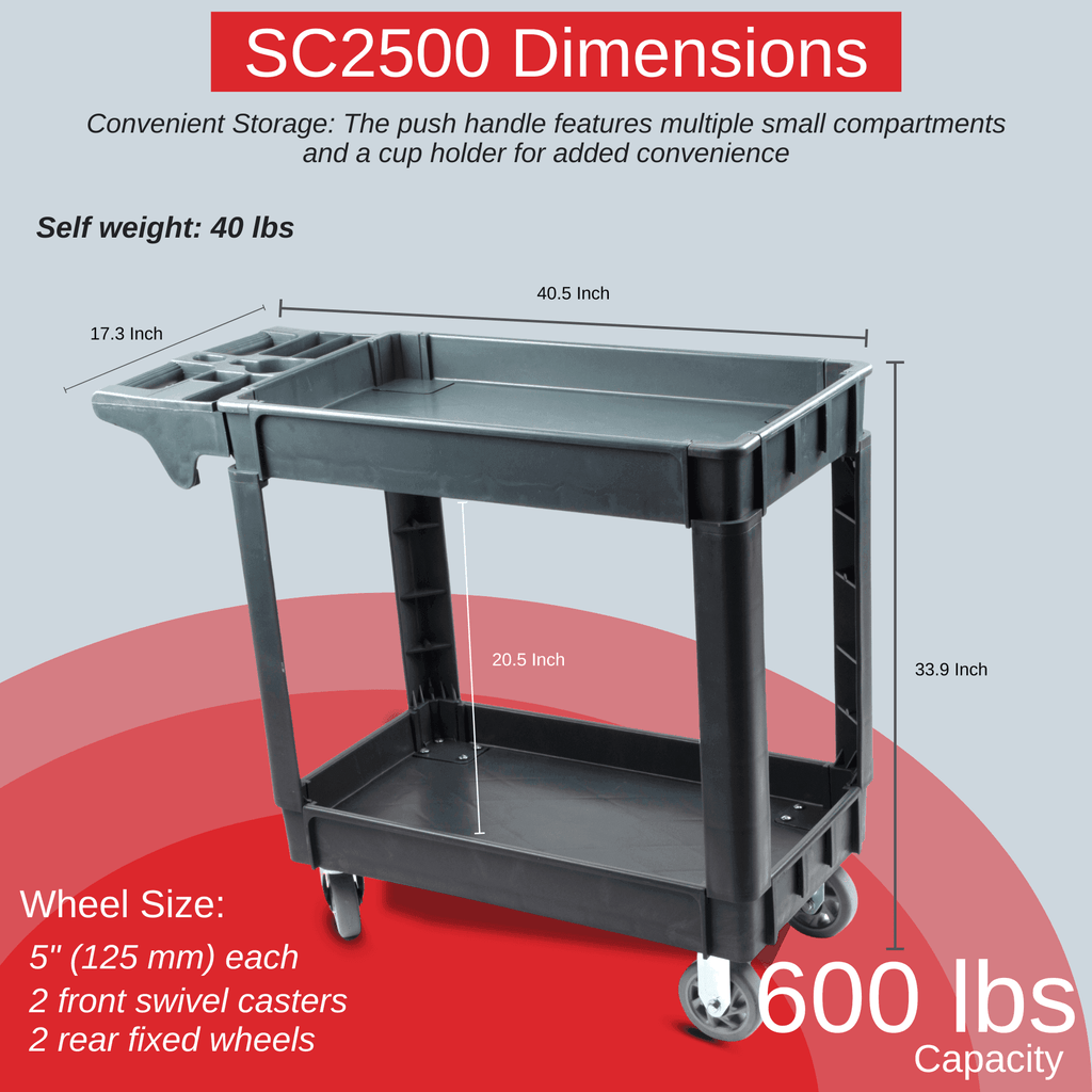 Heavy Duty Rolling Utility Service Cart for Warehouse/Garage/Restaurants/Offices, HDPE Shelves, 5" Caster Wheels