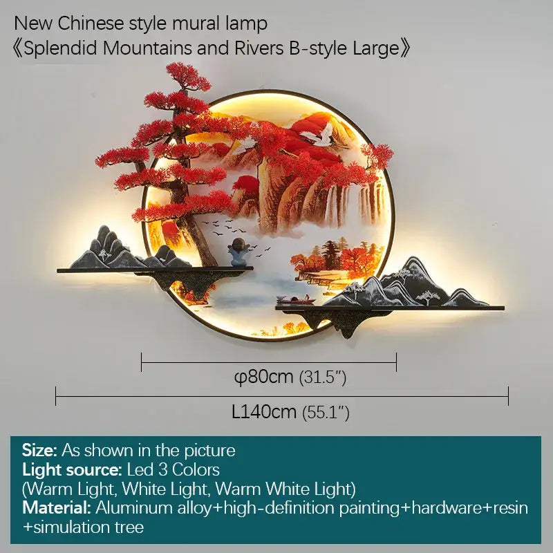3d chinese pine landscape wall lamp living room warm backlit art