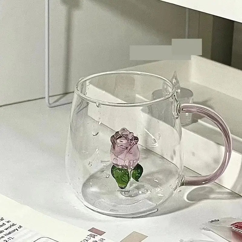 3d rose glass breakfast cup kitchen pink & green floral mug