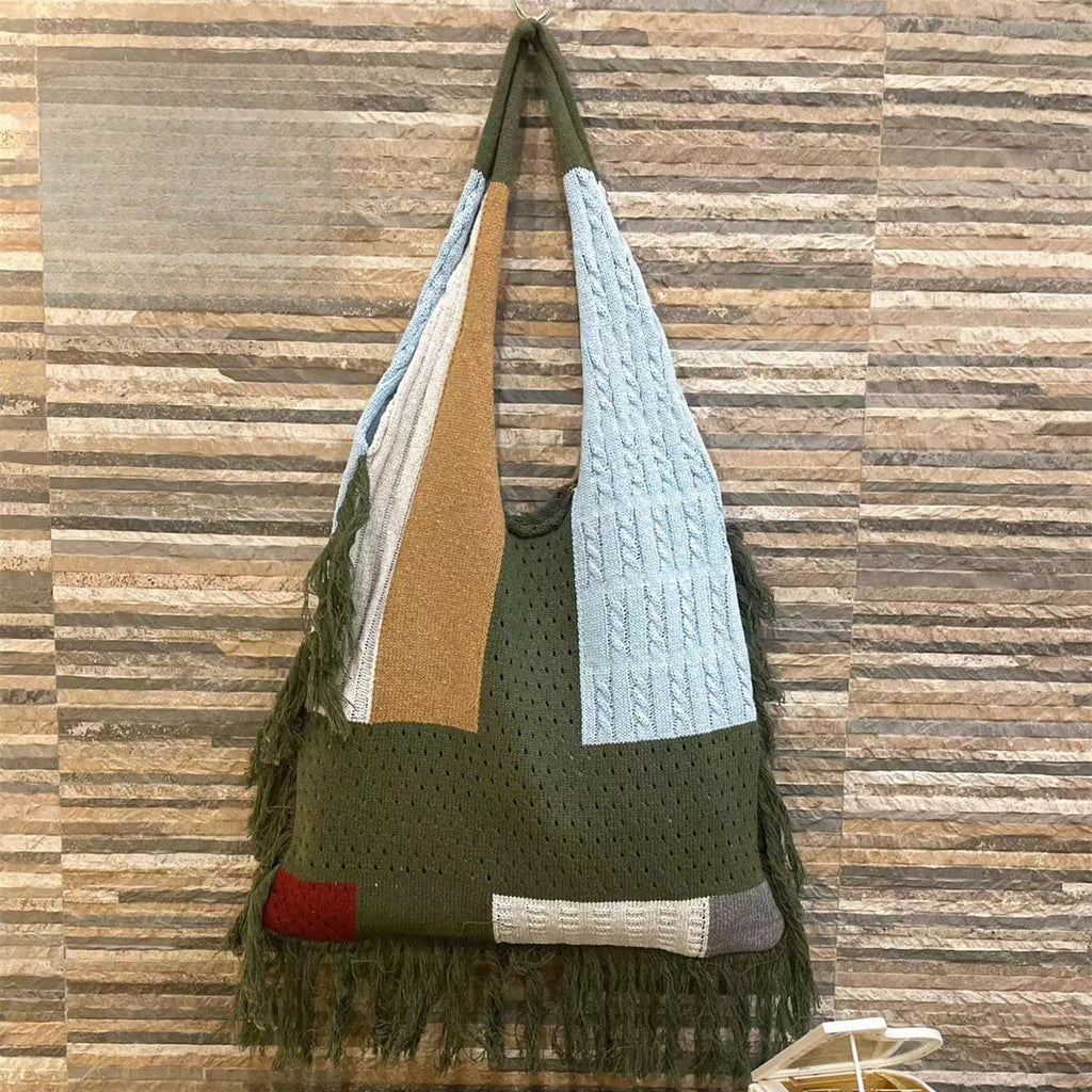 Tassel bag women, splicing knitted shoulder bag, simple and versatile retro knitted bag hobo