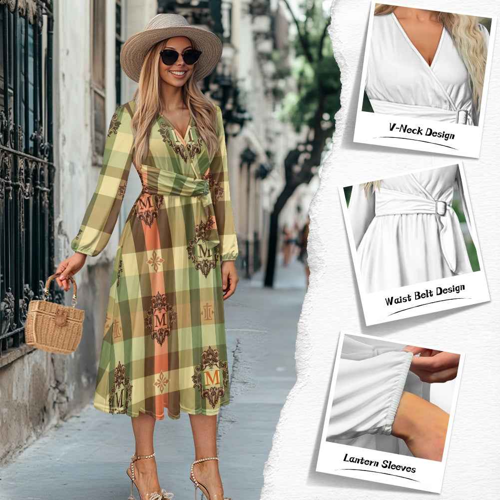 V-Neck Long Sleeve Midi Dress