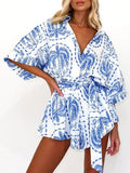 MUNSIEUR Printed Tie-Waist Romper - Luxury Half Sleeve Jumpsuit for Women