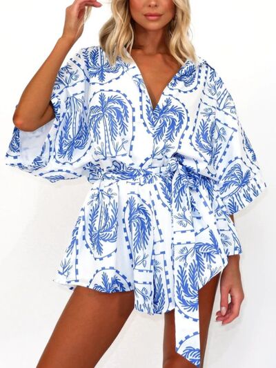 MUNSIEUR Printed Tie-Waist Romper - Luxury Half Sleeve Jumpsuit for Women