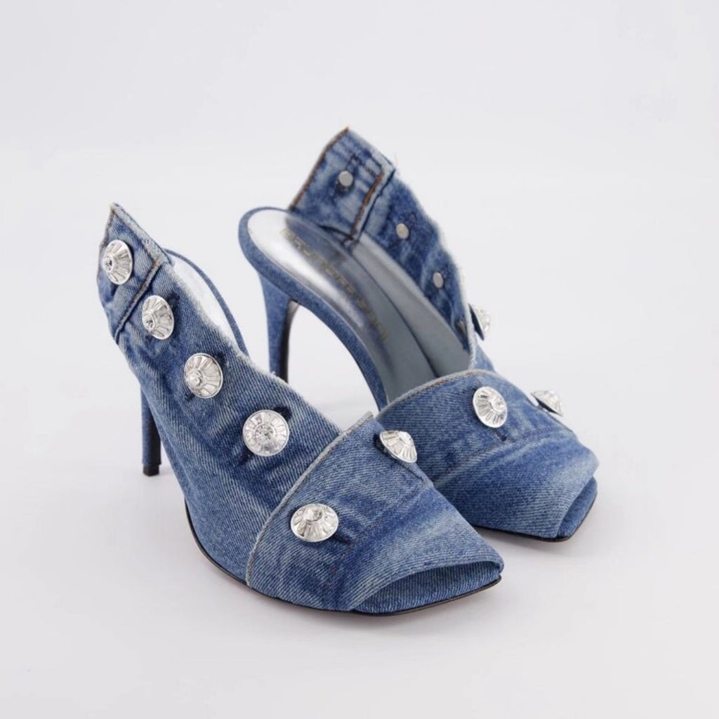 Women's Stiletto Heel Square Toe Denim Metal Rivets